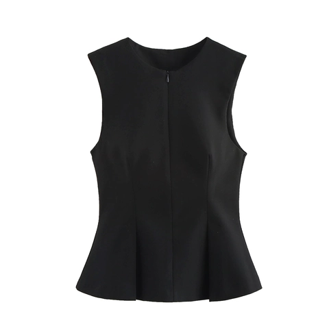 Dames Peplum Top Mouwloos Ronde Hals Polyester Geplooide Zoom Rits Achterzijde Slim Fit Elegante Commute Blouse
