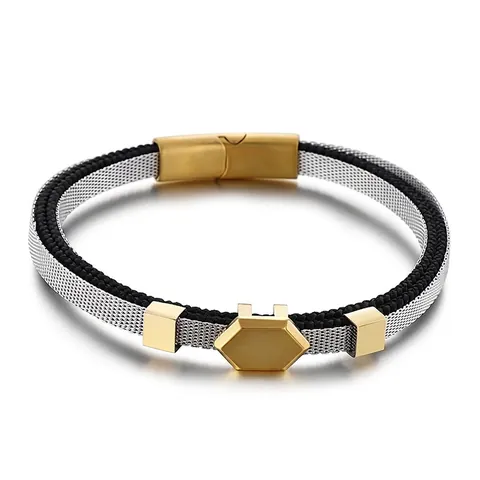 Pulsera Punk Hombre Acero Inoxidable 316L Malla Y Cuerda Trenzada Doble Capa Hexágono Geométrico Cierre Magnético Joyería