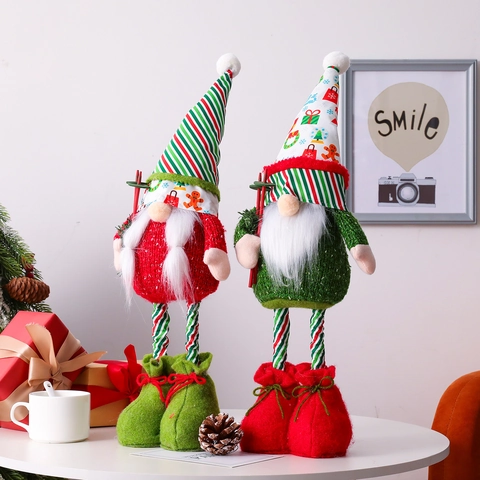 Blue Sequin Christmas Gnome Decor Retractable Legs Skier Faceless Doll Knitted Fabric Plush Beard Tomte Home Ornament
