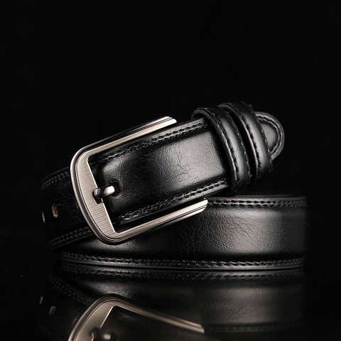Classic Men Leather Belt Genuine Cowhide Waistband Alloy Pin Buckle Brushed Metal Texture Business Casual Retro Style