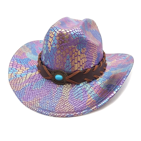 Western Cowboy Hat Iridescent Snakeskin Pattern Polyester With Braided Band And Turquoise Decor Party Cosplay Fashion
