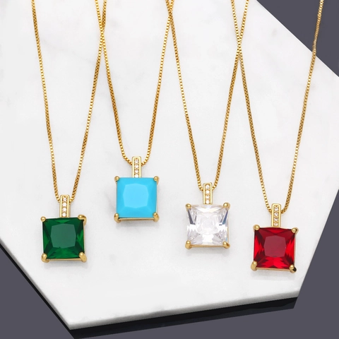 Square Zircon Pendant Necklace For Women Princess Cut Copper Gold Plated Jewelry Simple Luxury Box Chain Choker