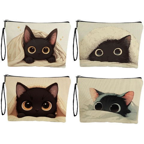 Trousse De Maquillage Chat Noir Mignonne Pochette De Toilette En Toile De Lin Avec Dragonne Imprimé Double Face Organisateur De Voyage