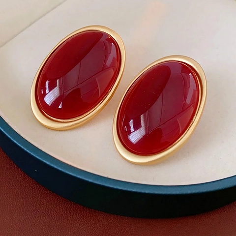 Pendientes Botón Resina Ovalada Vintage Con Silver Earring Post Rojo Oro Contraste Estilo Francés Joyería Mujer