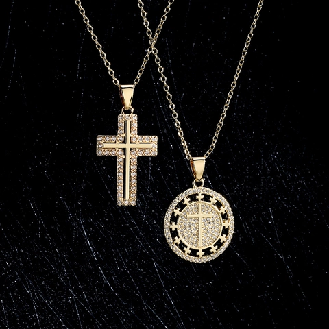 Collana Con Ciondolo A Croce Rame Placcato Oro 18K Zirconia Gioielli Religiosi Di Moda Per Donne Regalo