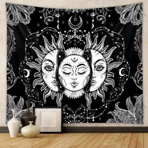 Sun Moon Star Zodiac Tapestry Wall Hanging Black And White Polyester Mystical Astrological Aesthetic Bohemian Room Decor