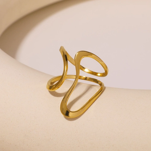 Geometric Hollow Open Ring Stainless Steel 18K Gold Plated Asymmetric Wavy Line Minimalist Jewelry For Women