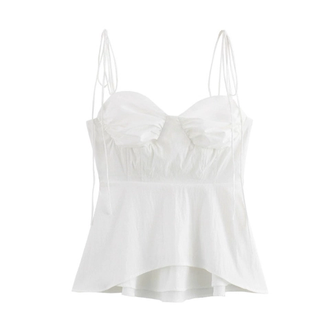 Weißes Schößchen Camisole Top Geraffte Brust Dünne Träger Sexy Streetwear Ärmellose Polyester Bluse Damen