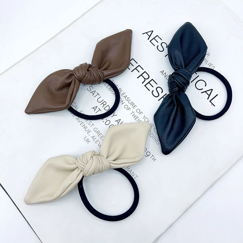 Bowknot PU Leather Hair Tie Elastic Hair Band Sweet Solid Color Ponytail Holder Elegant Headwear For Women Girls