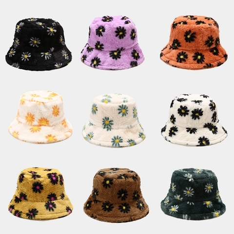 Cappello Da Pescatore In Finta Pelliccia Di Coniglio Da Donna Invernale Caldo Peluche Stampa Margherite Floreale Morbido Retrò