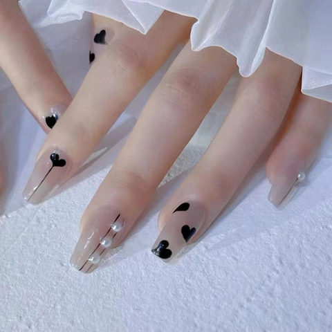 Handmade Press On Nails Long Coffin Fake Nails Heart Pattern Black Lines 3D Artificial Pearl Decor Nude Pink
