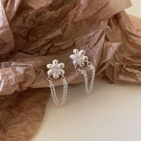 Orecchini Nappa Fiore Con Perno In Argento Sterling 925 Zircone Catena Lunga Stile Dolce Per Donne Elegante