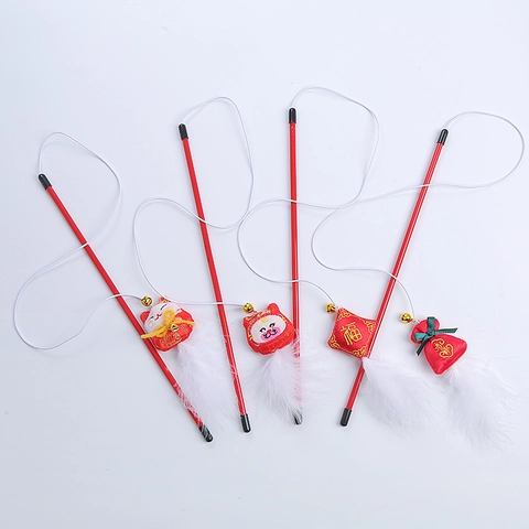 Cat Teaser Wand Red Plush Pendant With Bell White Feather Plastic Elastic String Interactive Toy For Indoor Cats