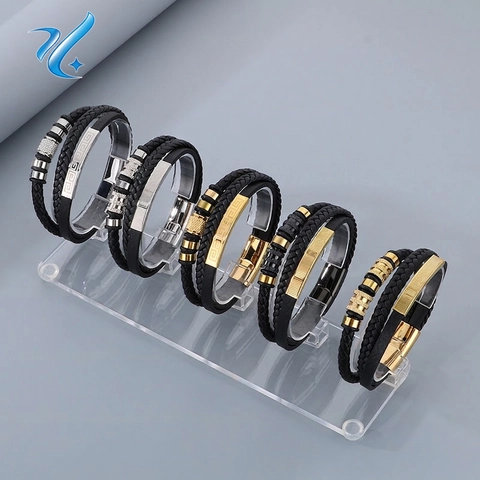 Men Multi Layer Braided Leather Bracelet Stainless Steel Greek Key Pattern Magnetic Clasp Punk Fashion Jewelry