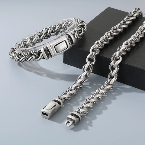 Collier Et Bracelet Pour Hommes En Acier Inoxydable Chaîne Tressée Torsadée Dragon Bone Bijoux Rétro Hip Hop Style