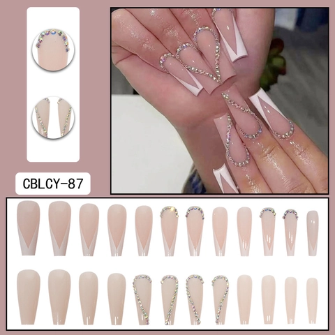 Press On Nails Forma A Bara Lunga Punte Francesi A V Cuore Strass Ballerina Unghie Finte Lucido Nude Rosa Acrilico Manicure