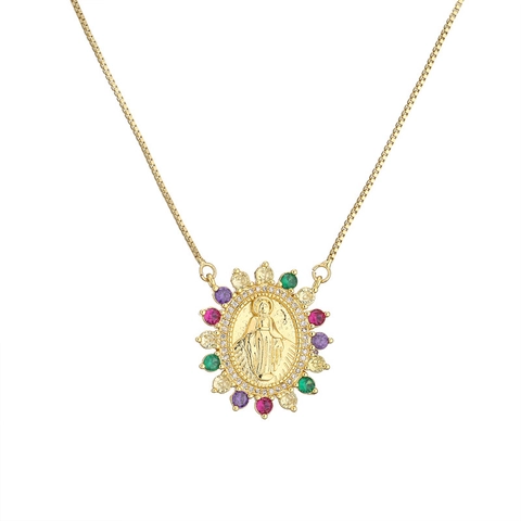 Collar Con Colgante De La Virgen María Cobre Zirconia Joyería Religiosa Para Mujeres Hombres Chapado En Oro Nácar Oval Girasol Colgante Cadena De Caja