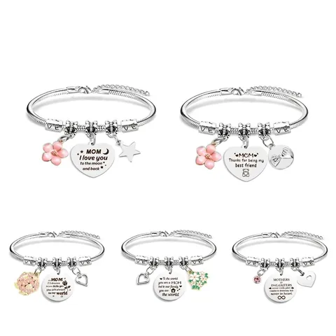 Charm Bracelet Stainless Steel Alloy Snake Chain Mothers Day Gift Heart Flower Star Enamel Pendant Jewelry For Mom