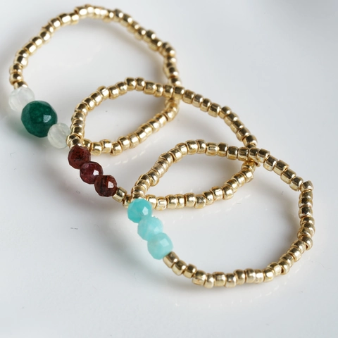 Handmade Natural Stone Beaded Ring Elastic Golden Metal Beads Bohemian Fashion Women