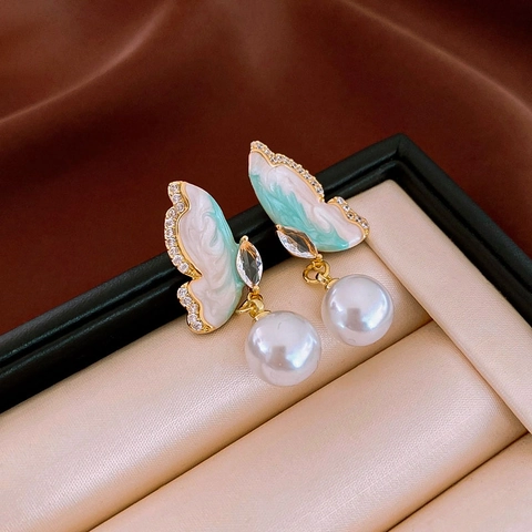 Pendientes Colgantes De Mariposa Vintage Esmalte Circón Perla Artificial De Imitación Cobre Con Poste De Plata Elegante Mujer