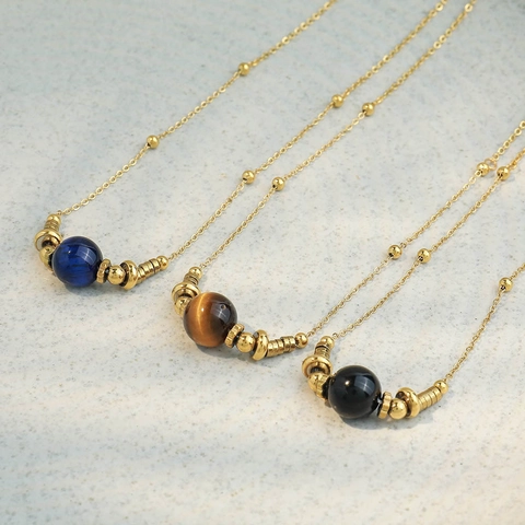 Stainless Steel Necklace Natural Tiger Eye Stone Round Bead Satellite Chain Retro Minimalist Jewelry For Women