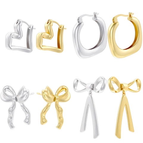 Vintage Geometric Bowknot Heart Stud Hoop Earrings Brass Gold Silver Plated Minimalist Chic Jewelry For Women