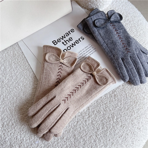 Damen Winter Wolle Handschuhe Warm Fleece Gefüttert Touchscreen Autofahren Reithandschuhe Mit Schleife Ähre Design Damen Mode