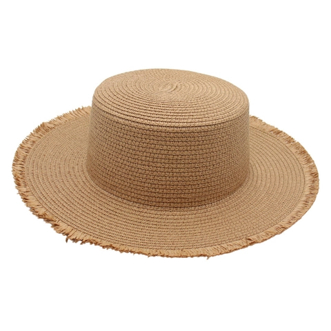 Cappello da Sole in Paglia a Cima Piatta da Donna Con Bordo Sfilacciato Tesa Larga Vacanza al Mare Boater Panama Cappello Regolabile Estivo