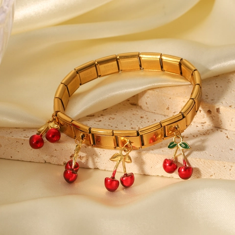Bracciale Charm Italiano Acciaio Inossidabile Oro Ciondoli Ciliegia Smalto Modulare Elastico Moda Gioielli Donna