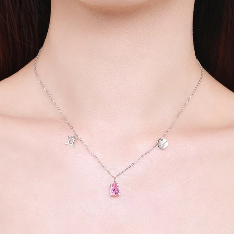 Collana Costellazione Gemelli Argento Sterling 925 Zircone Pera Rosa Ciondolo Zodiacale Gioiello Per Donne