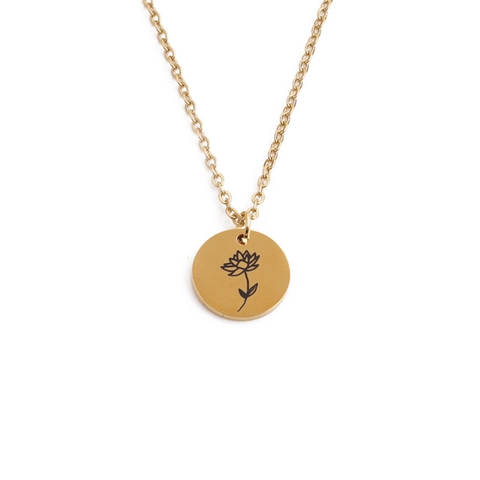 Collier Fleur De Naissance Acier Inoxydable Pendentif Rond Gravé Floral Bijoux Minimalistes Cadeau Pour Femmes