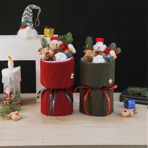 Christmas Bouquet Plush Reindeer Bear Toy Ornaments Velvet Gift Bag Eternal Flowers LED Light Festive Decor