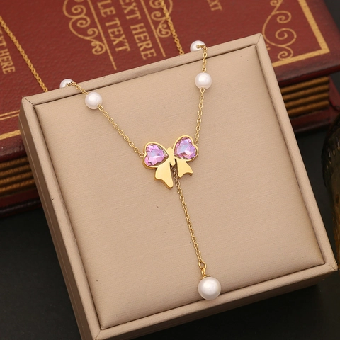 Stainless Steel Bowknot Necklace Bracelet Earrings Faux Artificial Pearl Heart Crystal Elegant Sweet Ribbon Butterfly Pendant