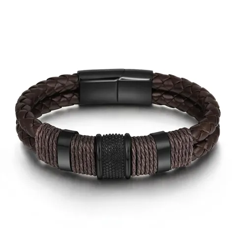 Men's Vintage Layered Woven Leather Bracelet With Stainless Steel Magnetic Clasp Braided Retro Jewelry Handcrafted