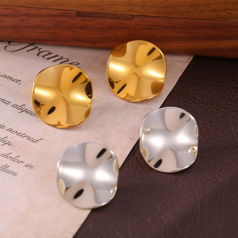 Irregular Geometric Stud Earrings Titanium Steel Gold Plated 3D Folded Texture Wave Pattern Ins Style Women Jewelry