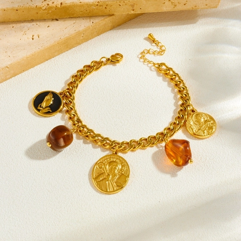 Vintage Stainless Steel Gold Plated Bracelet With St Benedict Medal Religious Prayer Hands Charms Amber Resin Beads For Women
