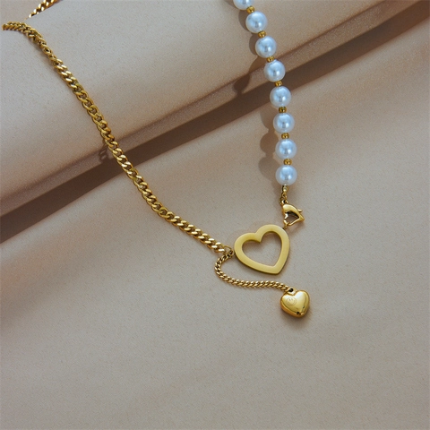 Collar Colgante Corazón Asimétrico Acero Inoxidable Chapado En Oro Cadena Eslabones Perlas Artificiales Artificiales Joyería Elegante