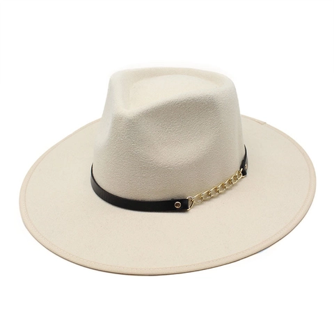 Breiter Rand Fedora Hut Wollfilz Retro Britischer Stil Jazz Kappe Mit Ledergürtel Und Goldener Metallkette Für Damen Herren