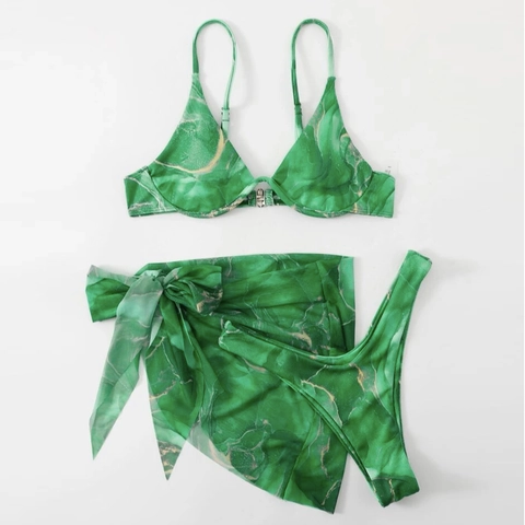 Marble Print Bikini Top And Bottom With Mesh Sarong Ribbed Fabric Sexy Beachwear Swimsuit For Women