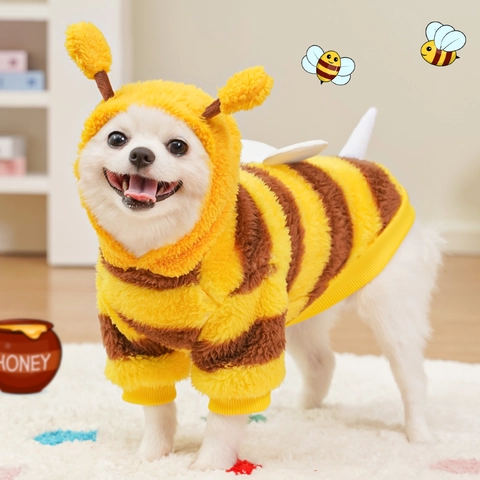 Haustier Biene Kostüm Hund Katze Hoodie Plüsch Fleece Warm Gestreiftes Outfit Mit Flügeln Für Halloween Party Kleine Hunde