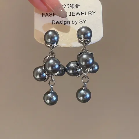 Vintage French Retro Grey Imitation Artificial Pearl Cluster Dangle Earrings With 925 Sterling Silver Earring Post For Women