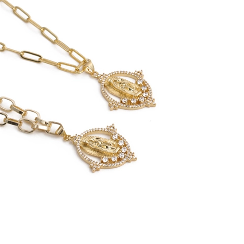 Collier Pendentif Vierge Marie Cuivre Plaqué Or Zircon Religieux Notre-Dame De Guadalupe Chaîne Trombone Pour Femmes