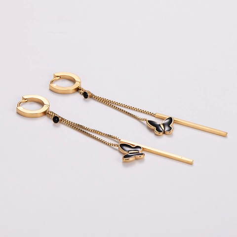 Pendientes Largos De Mariposa Con Borlas De Acero Inoxidable Esmalte Chapado En Oro De 18K Moda De Aro Para Mujeres Minimalista