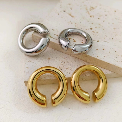 Minimalist Geometric Thick Stainless Steel Clip On Earrings Gold Silver Plated High Polish C Shaped Non Pierced Hoop Earrings For Women
