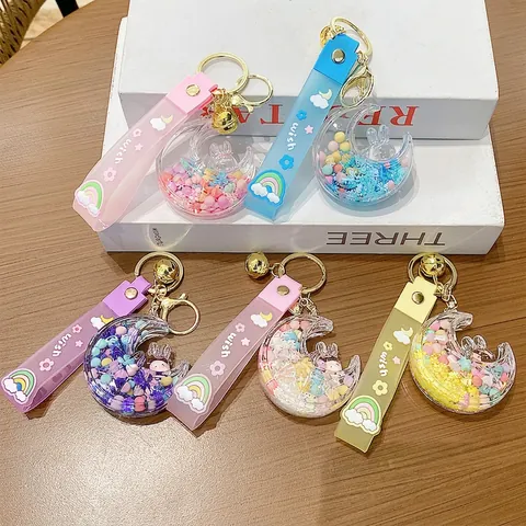 Stern Mond Hase Schlüsselanhänger Acryl Flüssig Treibsand Tasche Anhänger Mit Silikon Wish Gurt Legierung Glocke Süß