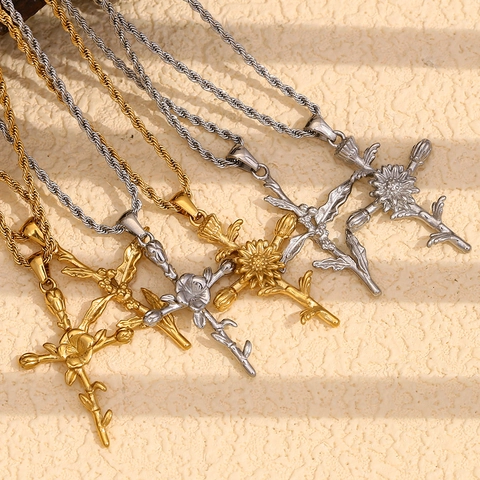 Collana Con Ciondolo A Croce Fiore Di Nascita Vintage Acciaio Inossidabile Placcato Oro 18K Catena A Corda Per Donna