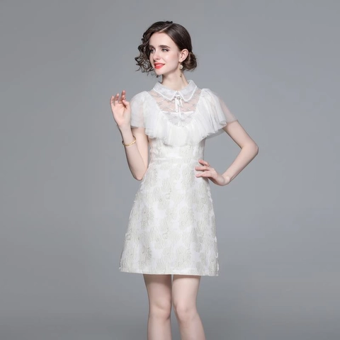 Robe Mini Style Français Femmes Jacquard Dentelle Mesh Patchwork Col Claudine Manches À Volants Noeud Élégant