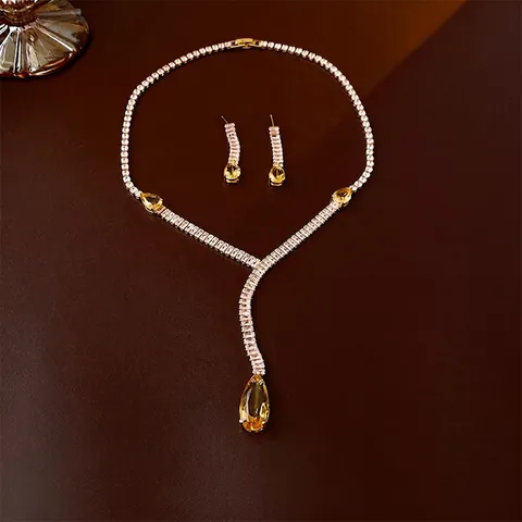 Elegante Collana A Y Con Zircone Giallo A Goccia E Orecchini Pendenti Con Perno In Argento Gioielli Di Lusso Per Donna