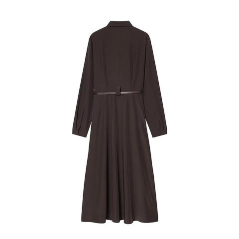 Langarm Hemdblusenkleid Für Damen Mit Gürtel Kaffeefarbe Polyester Revers Midi Elegant Büro Dame
