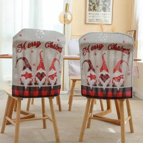 Weihnachts Stuhlbezug Leinenimitat Gnome Muster Karo Dining Room Küche Party Home Deko Festlich Nordisch